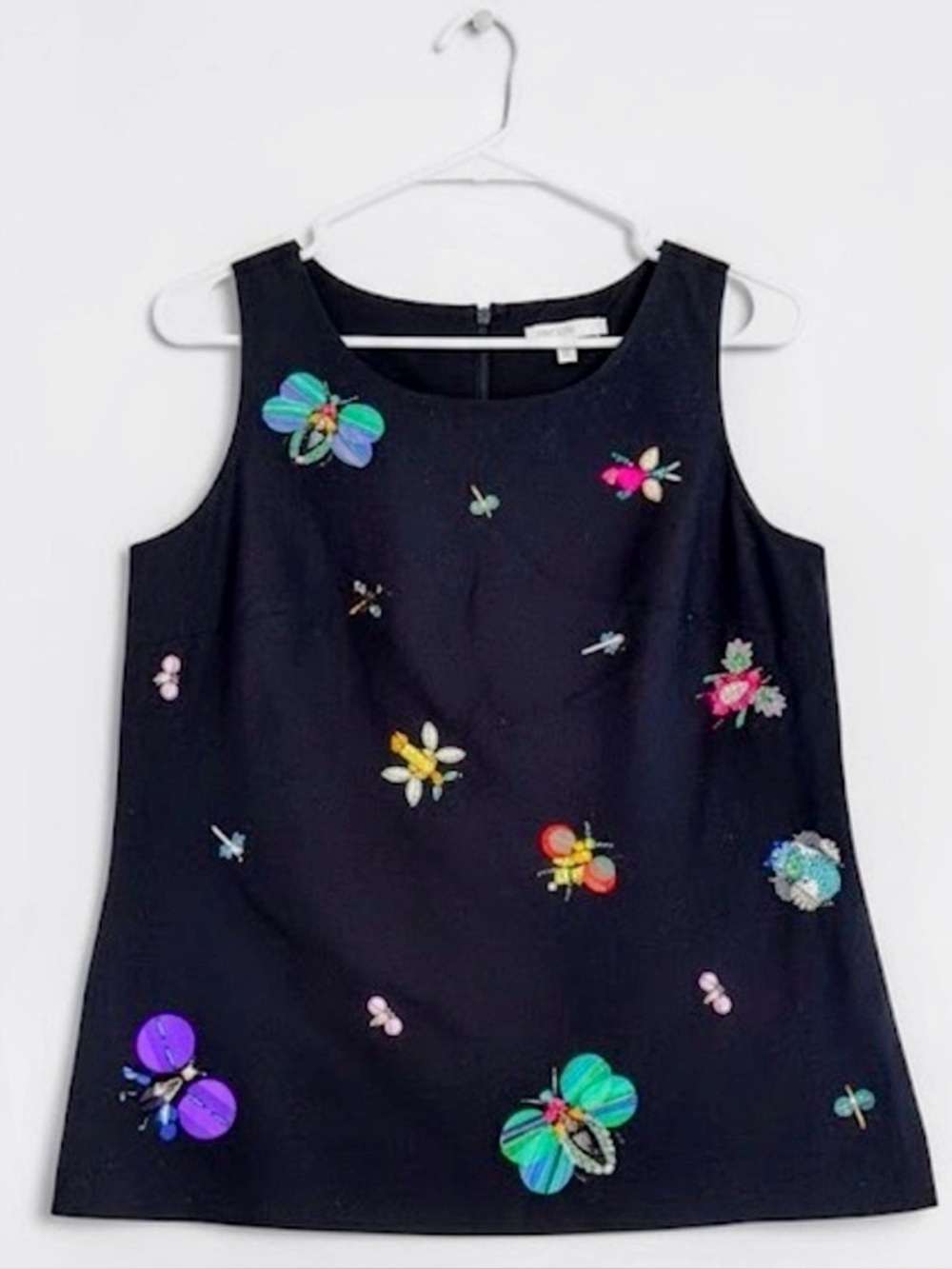 Talbots RSVP Navy Faille Beaded Sequin Bug Motif Shell Tank Top Size 4